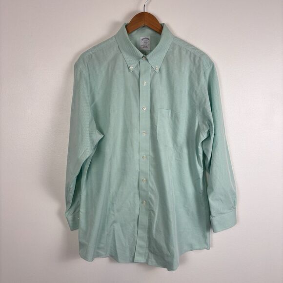 Brooks Brothers Regent Mens 17-2/3 Non-Iron Green Plaid Window Pane Button Down - Picture 2 of 5